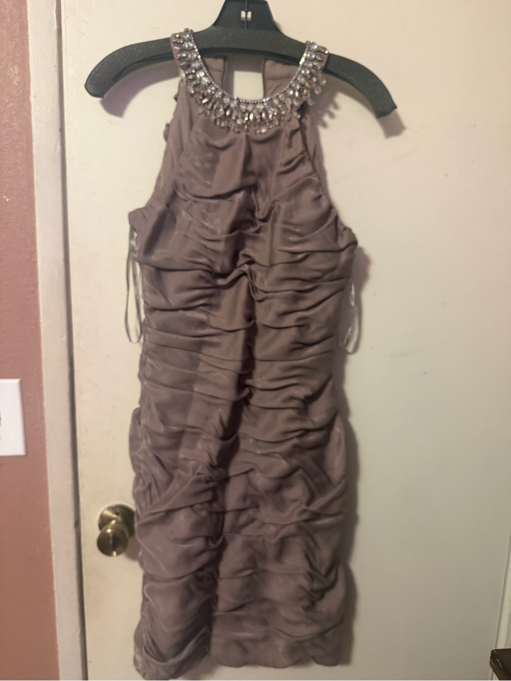 Taupe ruched cocktail dress